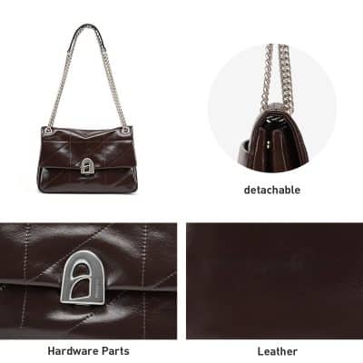 Elegant brown leather purse with detachable chain strap and metallic hardware lock, designed for style and functionality. Perfect for fashion-forward accessories and handbag enthusiasts.
