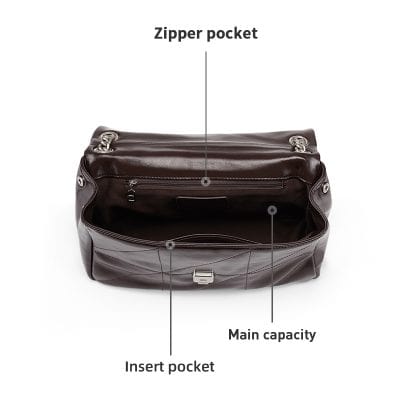 Leather black handbag with zipper pocket, main capacity, and insert pocket for stylish, functional office and travel accessories. Perfect for professional and everyday use.