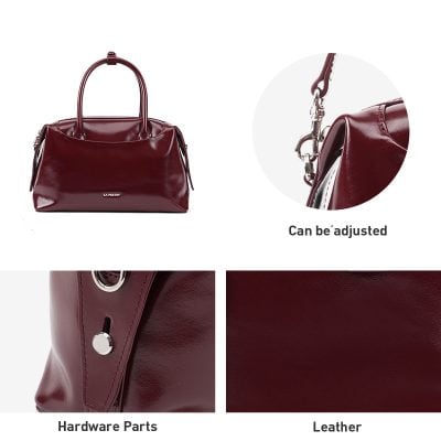 Vegan leather burgundy handbag with adjustable strap, metal hardware, and spacious interior, perfect for stylish women. Durable and elegant, ideal for everyday use or formal occasions.