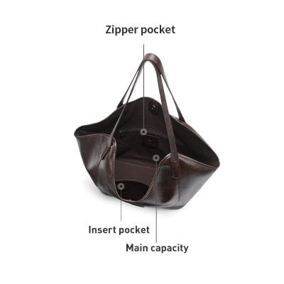 Stylish leather tote bag with zipper and interior pockets, ideal for everyday use and carrying optical accessories. Durable design featuring main capacity, insert pocket, and zipper pocket for organized storage.