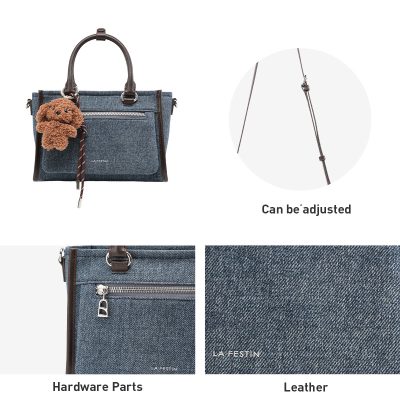 Stylish denim tote bag with adjustable strap, hardware zippers, and elegant leather details, perfect for fashion-forward accessories and versatile daytime use.