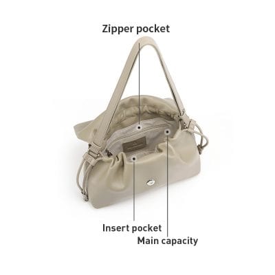 Stylish beige handbag with zippered pocket, interior insert pocket, and ample main capacity for everyday essentials and accessories. Perfect for women seeking functional fashion.