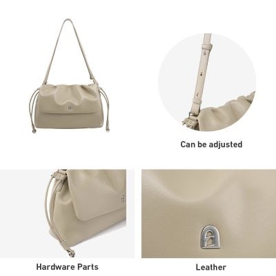 Beige adjustable shoulder bag made of high-quality leather with hardware details, ideal for stylish women, featuring customizable strap length and durable construction for everyday use.
