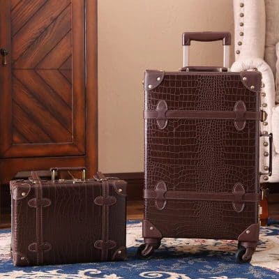 Dark brown crocodile-embossed leather luggage set with a rolling suitcase and a briefcase, stylish travel accessories for men and women, Monalisa Store.