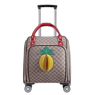 Monalisa store trendy rolled suitcase with colorful fruit patch design, durable wheels, and expandable compartments for travel and convenience.