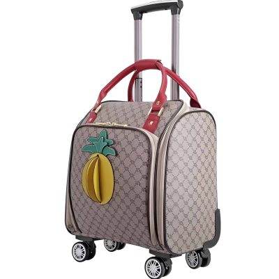 Stylish rolling luggage with a playful pineapple patch design, perfect for travel and shopping, featuring a durable fabric surface and multi-directional wheels for easy mobility.