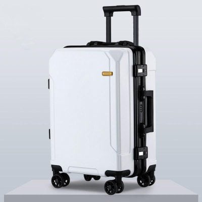 Suitcase with spinner wheels and retractable handle, modern travel luggage for business or leisure trips.