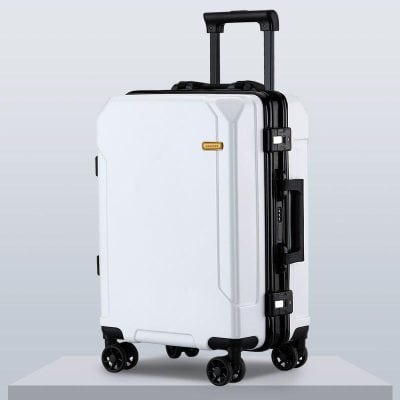 Hard-shell white travel luggage suitcase with four 360-degree spinner wheels and adjustable telescopic handle.