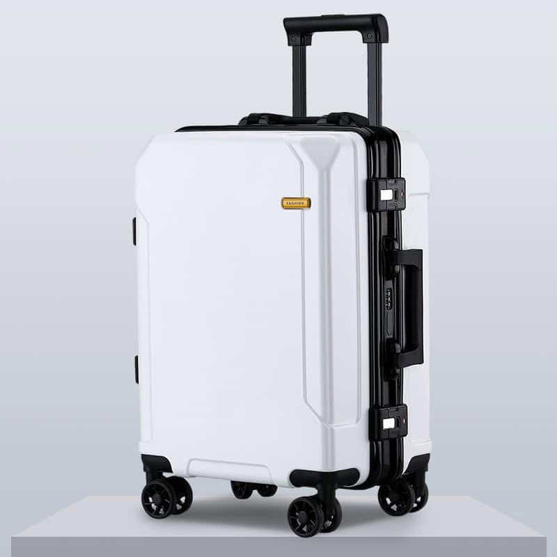 Hard-shell white travel luggage suitcase with four 360-degree spinner wheels and adjustable telescopic handle.
