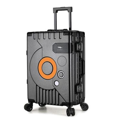 Hard black hard-shell rolling suitcase with orange and white circular design, adjustable handle, and four wheels for travel - Monalisa Store.