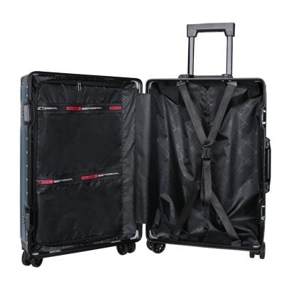 Lockable hard shell travel suitcase with interior organization and wheels for easy mobility. Ideal for business trips and vacations, providing secure, spacious packing for travelers.