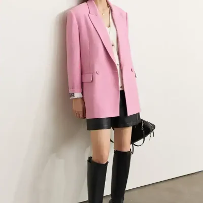 Pink blazer, stylish women's fashion, Monalisa Medical store, trendy office wear, women's apparel for professionals.