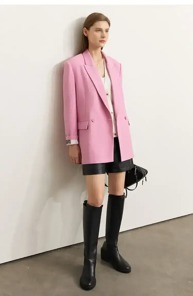 Pink blazer, stylish women's fashion, Monalisa Medical store, trendy office wear, women's apparel for professionals.