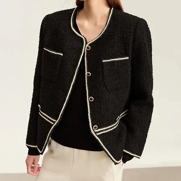 Black textured blazer with pearl-trim accents, fashionable women's outerwear perfect for elegant, professional, or casual wear at Monalisa Medical Store.