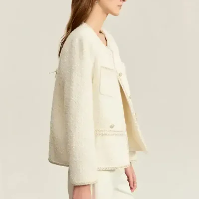 Luxury white tweed blazer for women, elegant formal jacket, Monalisa Store women's fashion, sophisticated blazer with gold accents, high-end designer clothing for women.