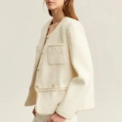 Chanel-style cream tweed jacket for women, elegant and luxury fashion, perfect for stylish outings or office wear, from Monalisa Store.
