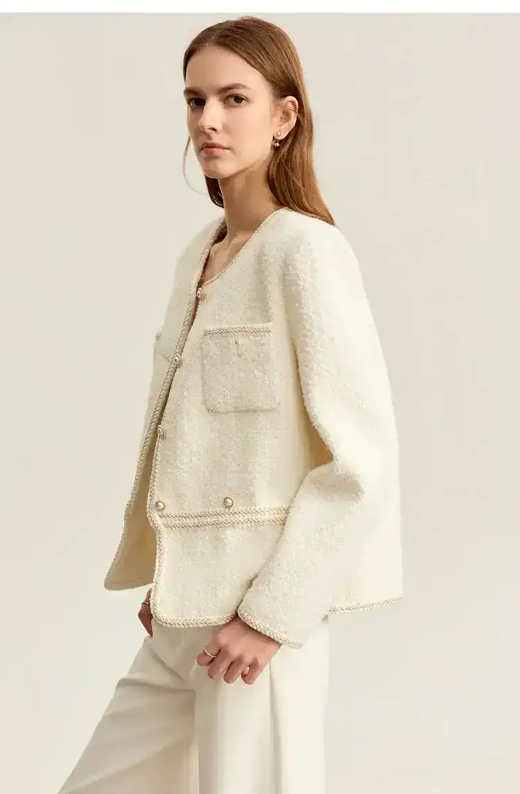 Chanel-style cream tweed jacket for women, elegant and luxury fashion, perfect for stylish outings or office wear, from Monalisa Store.