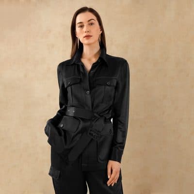 Elegant black fashion jumpsuit with belt, tailored fit, and stylish design, ideal for modern women's casual or sophisticated outfits at Monalisa Medical Store.