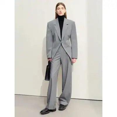 Stylish gray business suit featuring a tailored blazer and wide-leg trousers, perfect for professional and formal occasions.