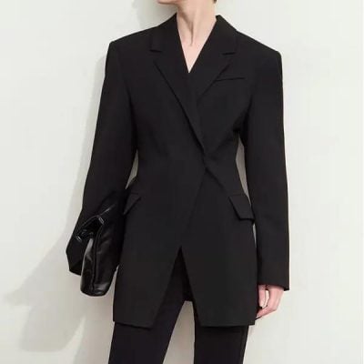 Black professional women’s blazer suit with tailored fit, perfect for corporate meetings and formal occasions. Stylish and elegant, suitable for business attire and office wear.