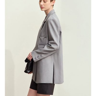 Gray tailored blazer for women, stylish and versatile office or casual wear, paired with black shorts, minimalist fashion look, elegant outfit, Monalisa Store.
