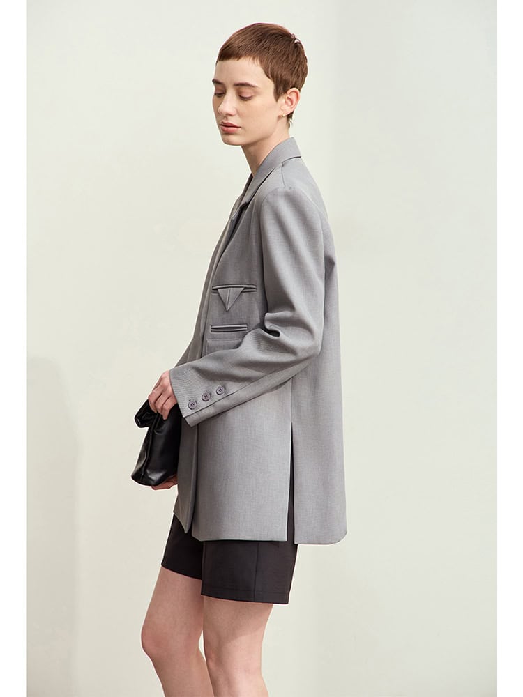Gray tailored blazer for women, stylish and versatile office or casual wear, paired with black shorts, minimalist fashion look, elegant outfit, Monalisa Store.