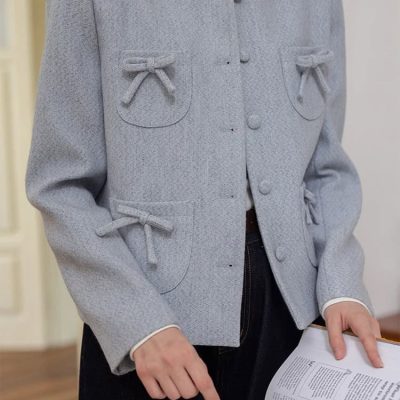 Luxury women's blazer with bow detail, soft grey fabric, tailored fit, elegant office wear, Monalisa Store fashion collection.