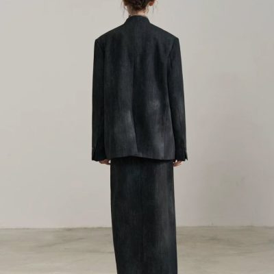 Luxury black linen blazer and long skirt set for women at Monalisa Store, fashionable women's formal wear for elegant occasions, high-quality upscale women's clothing.