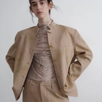 Elegant beige women's business suit with tailored blazer and matching skirt, ideal for professional and formal occasions, showcasing sophisticated fashion from Monalisa Store.