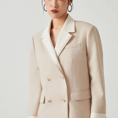 Elegant beige double-breasted blazer for women, stylish professional fashion, perfect for office or business attire. Monalisa Store offers high-quality women's business suits.