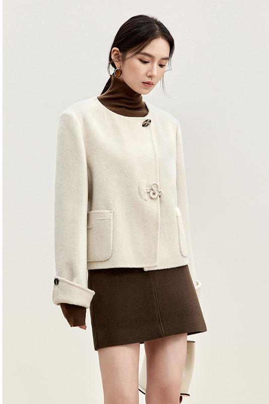 Luxury women's wool coat with stylish button details and cozy design, perfect for fall and winter fashion at Monalisa Store.