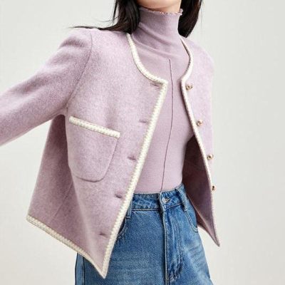 Elegant women's pink blazer with pearl trim, stylish and fashionable, perfect for professional or casual wear, from Monalisa Store.