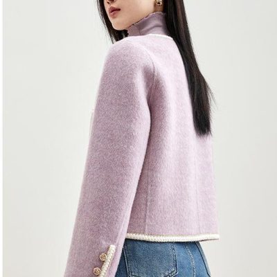 Luxurious lavender wool blazer with gold button cuffs, stylish and elegant women's fashion perfect for formal and casual occasions.