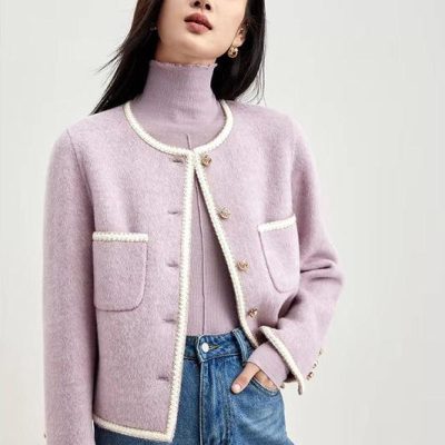 Luxurious lavender cardigan with pearl-trim details, stylish and comfortable for modern fashion. Perfect for casual or sophisticated looks, showcasing trendy women's clothing at Monalisa Store.