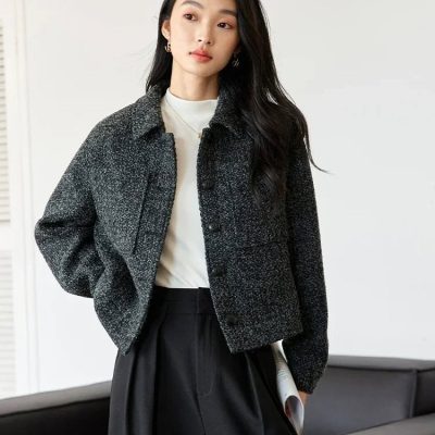 Black speckled jacket, fashionable women's outerwear, Monalisa Store opt, chic and trendy clothing, perfect for stylish fall and winter outfits.