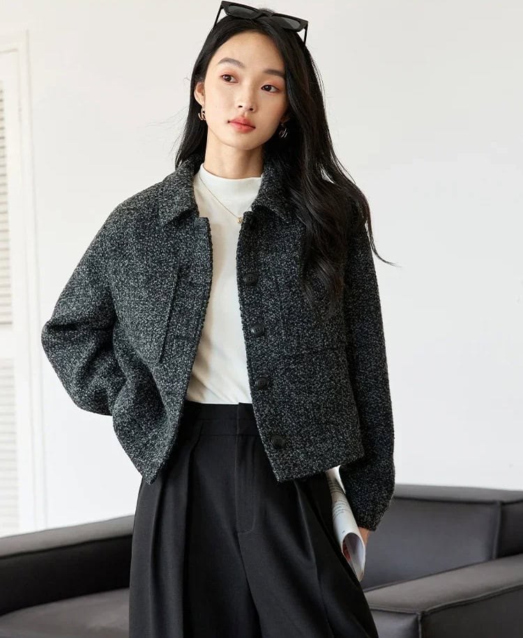 Black speckled jacket, fashionable women's outerwear, Monalisa Store opt, chic and trendy clothing, perfect for stylish fall and winter outfits.