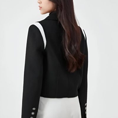 Black tailored blazer with white accents, stylish women's professional jacket for office wear, monochrome business attire, Monalisa Store.