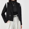 Black tailored blazer with white stripe accents on shoulders, stylish and professional women's fashion for office or casual wear at Monalisa Store.