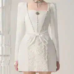 Elegant white fashion dress with floral embroidery, bow accent and sophisticated design, suitable for special occasions and stylish events at Monalisa Store.