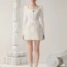 Elegant white dress with lace details, suitable for special occasions, featuring long sleeves, square neckline, and vintage-inspired accessories. Perfect for stylish women seeking fashionable attire.