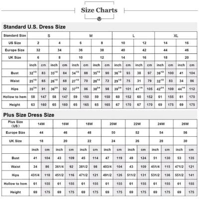 Size chart for Monalisa Store women's dresses and plus sizes, including measurements for bust, waist, hips, and height, perfect for selecting the right fit for your fashion needs.