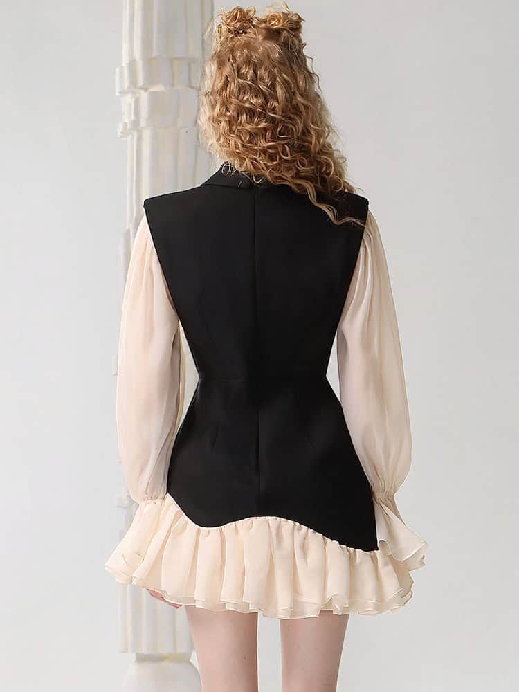 Elegant fashion model wearing a black sleeveless top with cream ruffled skirt, showcasing stylish modern clothing from Monalisa Store. Perfect for trendy urban looks.