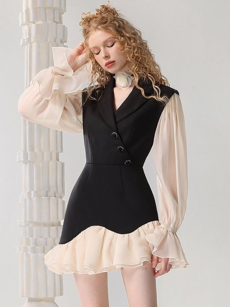 Elegant black and cream layered dress with ruffle accents, perfect for fashion-forward women looking for stylish, sophisticated clothing from Monalisa Store.