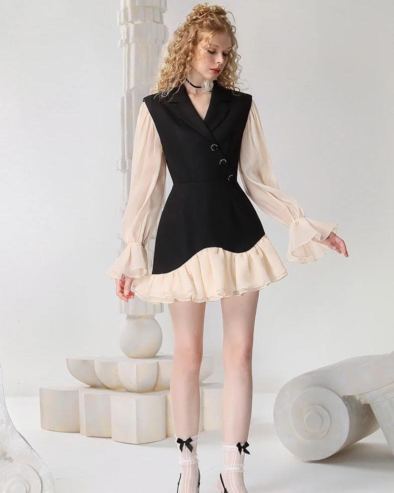 Black and cream stylish long sleeve dress with ruffle details, perfect for fashion-forward events and urban wear. Elegant, trendy look from Monalisa Store.