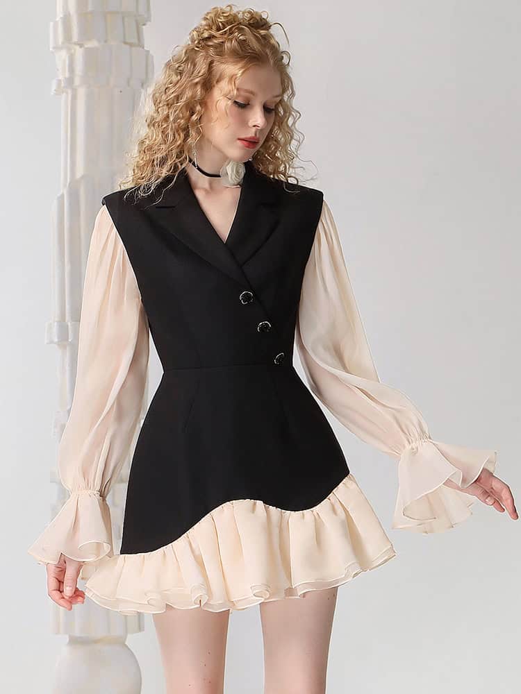 Elegant women's dress featuring a black fitted vest and ivory chiffon ruffled hem with long puff sleeves, perfect for stylish occasions.