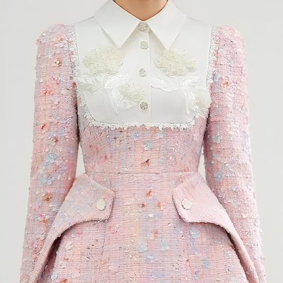 Elegant pink textured dress with floral embroidery and a white embroidered collar, showcased at Monalisa Store for stylish women's fashion and designer clothing.