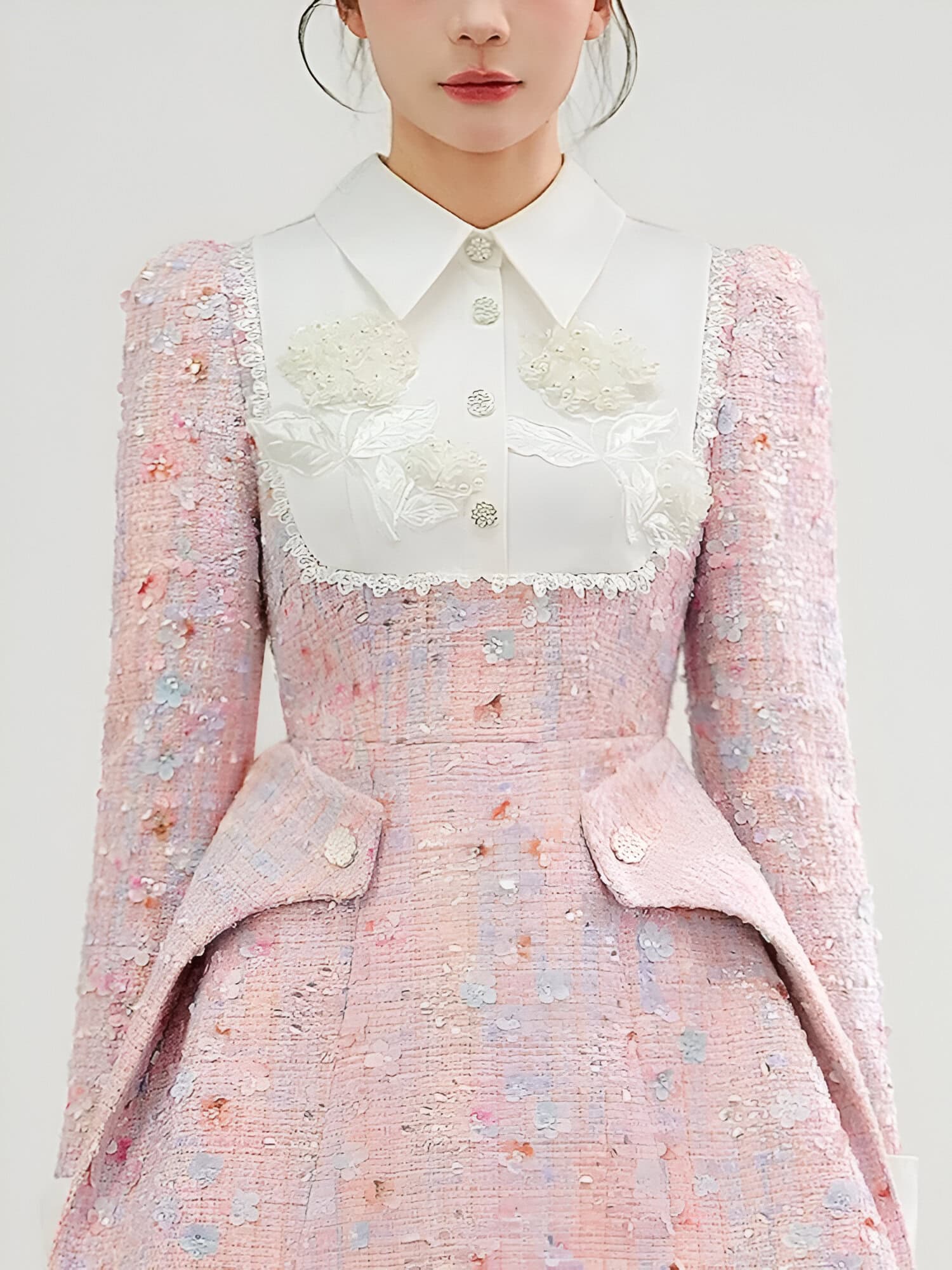 Elegant pink textured dress with floral embroidery and a white embroidered collar, showcased at Monalisa Store for stylish women's fashion and designer clothing.