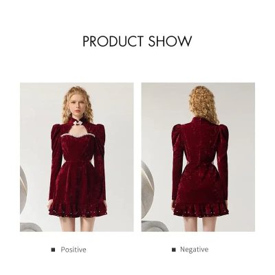 Luxurious deep red velvet dress with puffed sleeves and intricate detailing, perfect for sophisticated fashion and elegant occasions. Ideal for stylish women's clothing collections.