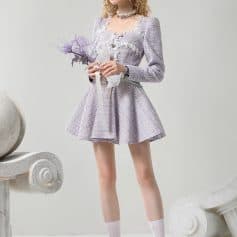 Elegant lavender lace dress with puff sleeves for women, perfect for special occasions or fashion events. Stylish and feminine design from Monalisa Store.