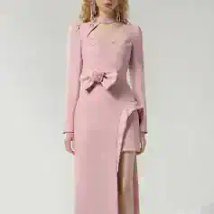 Elegant pink formal dress with lace details and thigh-high slit, perfect for special occasions and events.